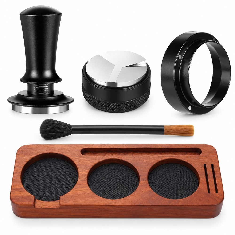 58mm Espresso Tamper Distributor Dosing Funnel Brush Wood Tamping Station